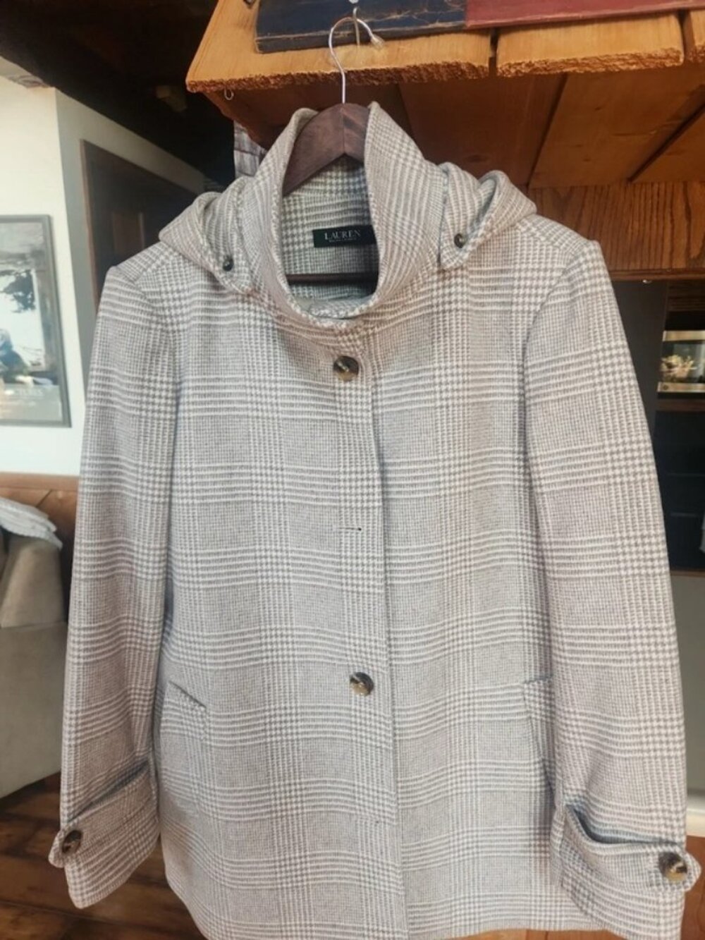 Lauren Ralph Lauren Women’s Glen Plaid Trench Overcoat Cream & Beige — XL